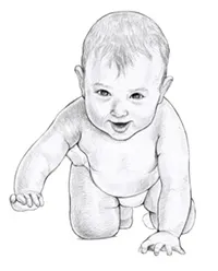 Drawing of infant crawling towards viewer